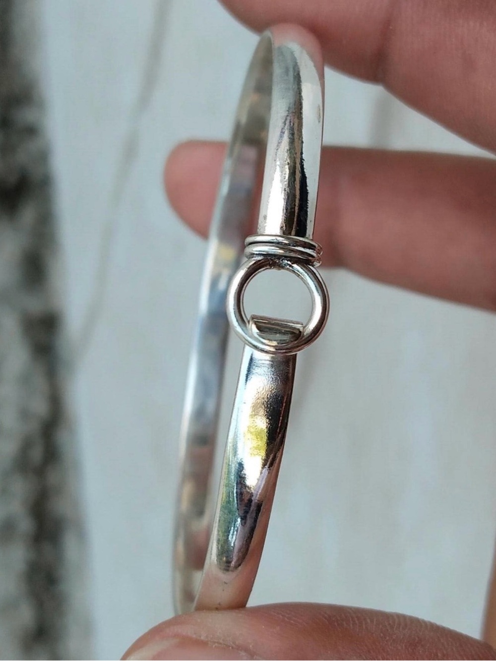 Sterling Silver Round Bangle Bracelet with Hook and Ring Clasp 6.5